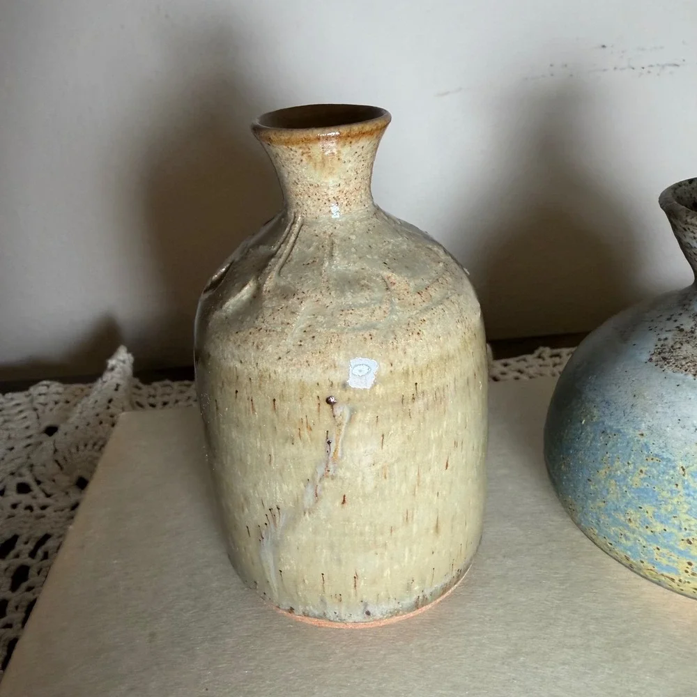 Studio Pottery Bud Vases Set 2 Signed Hand Thrown Ceramic Tan Blue Salt Glaze